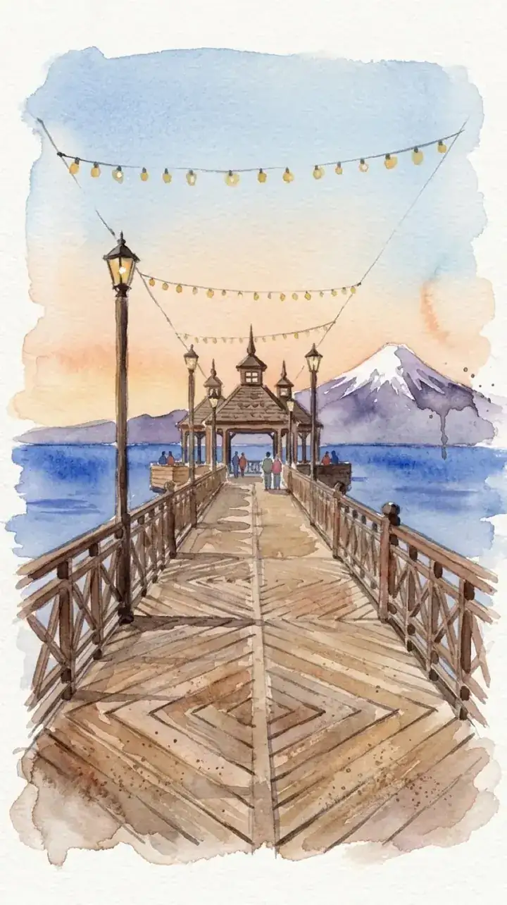 Acuarela del muelle de Frutillar al atardecer con el volcán Osorno